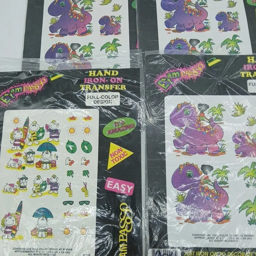 Vintage 80s Iron-on Transfer Sheets Colorful Cartoon & Dinosaurs 4pk Sealed